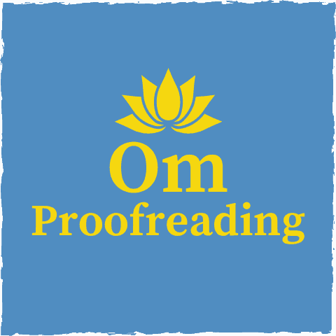 Om Proofreading logo (it links to the homepage), which has a yellow, seven-petal lotus flower on a blue background.