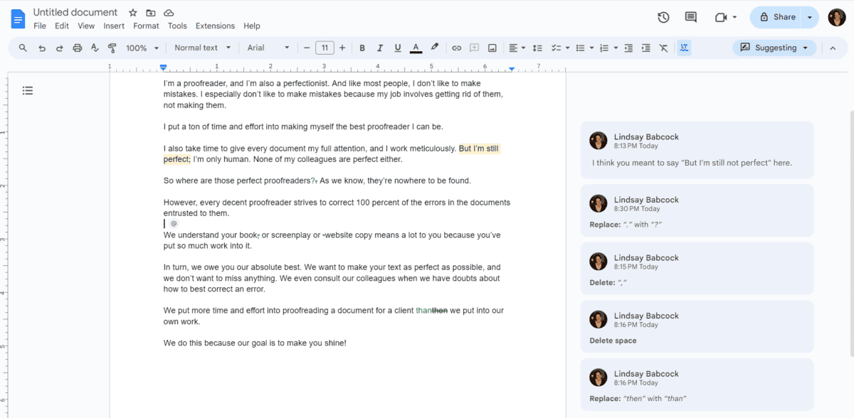 Screenshot of a Google Doc showing deletions, insertions, and comments made by a proofreader using the Suggesting feature. 