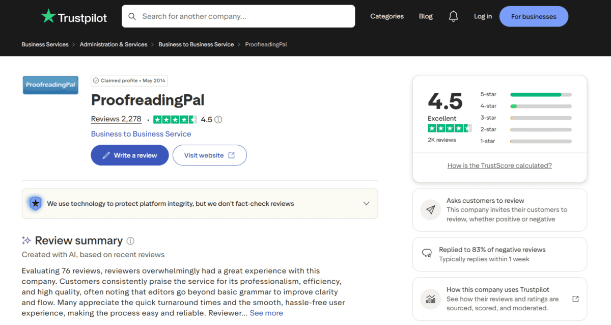 ProofreadingPal received a 4.5 rating from Trustpilot, based on 2,278 reviews.